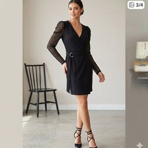 Almost Famous Black V-Neck Dress with Sheer Mesh Sleeves